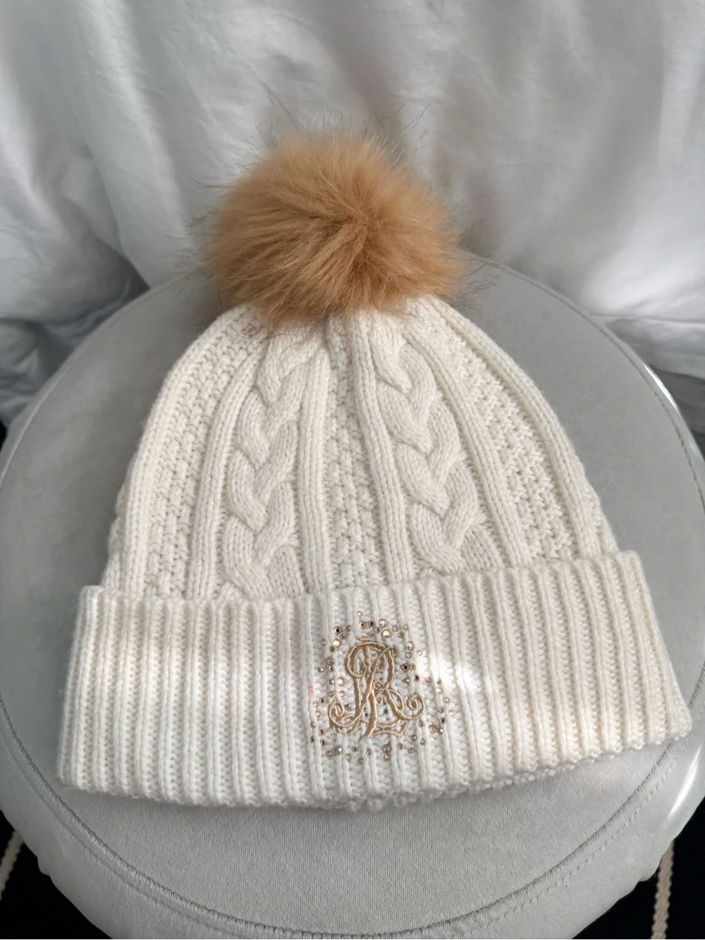 Ralph Lauren Cream Cable Knit Beanie with Tan Pom